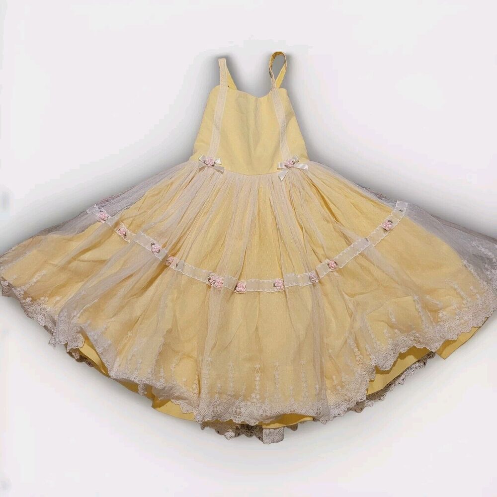 Dollcake Golly Gosh Girls Sz 14 Yellow w Lace & Flowers Dress Corset Back Circle
